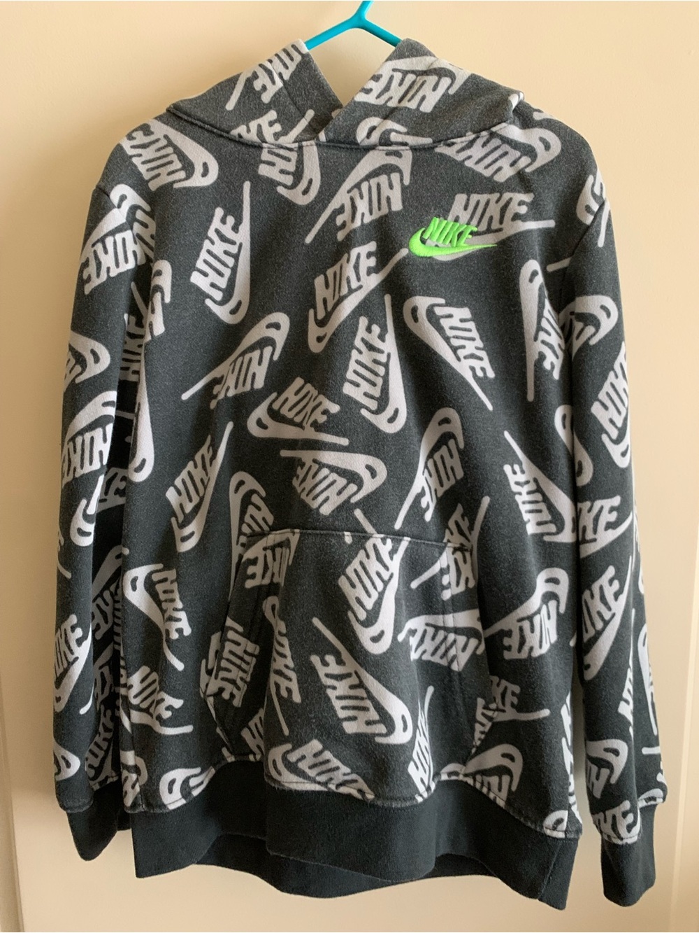 Nike Black & Gray All-Over Logo Hoodie with Neon Green Swoosh